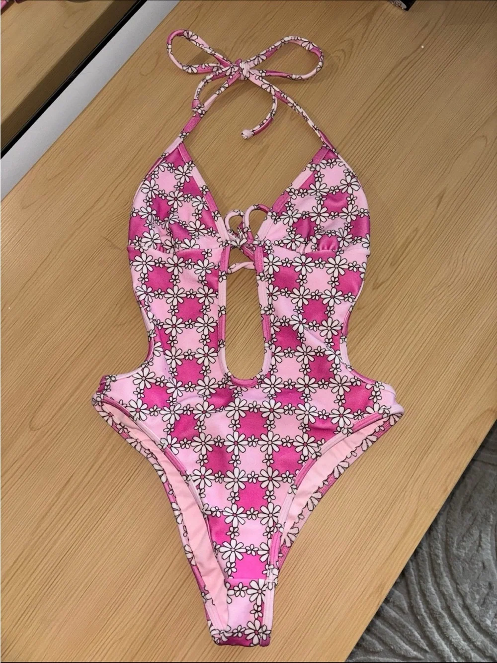 Frankie's Bikinis Pink Floral Keyhole One-Piece